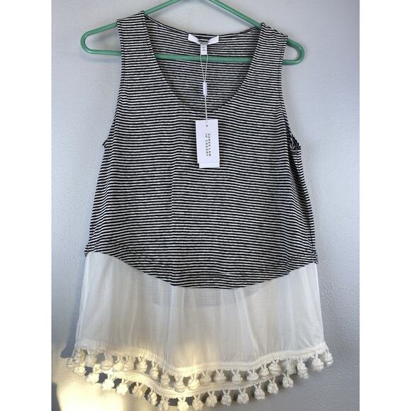 NWT Derek Lam 10 Crosby Sz S Scoop Tank W/Pom Pom Layered Striped Linen Top - Picture 2 of 11